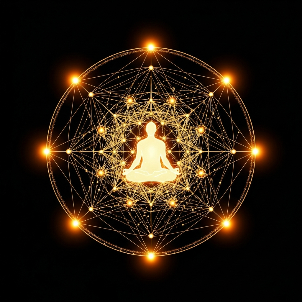 Sacred geometry surrounding meditation figure